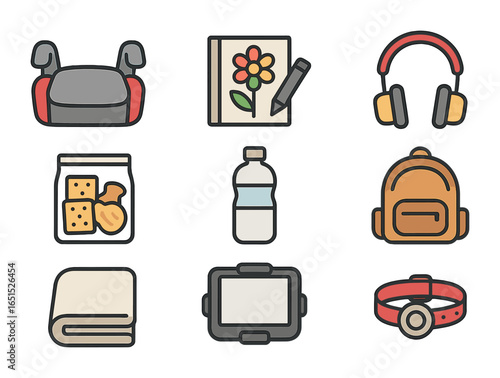Child Travel Essentials. Flat icon set of child travel items: travel booster seat, coloring book, child