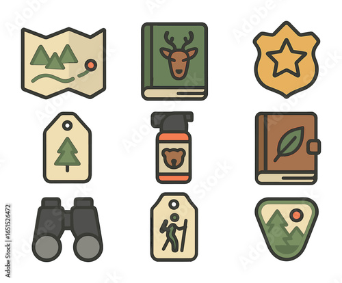 National Park Gear Icons. Flat icon set of national park travel gear: trail map, wildlife guide, ranger badge,