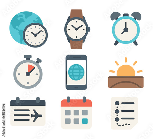Travel Time Tools Icons. Flat icon set of travel timekeeping tools: world clock, travel watch, alarm clock,