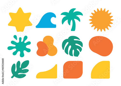 Colorful Summer Shapes. Flat icon set of colorful summer shapes: star badge, wave sticker, palm shape tag,