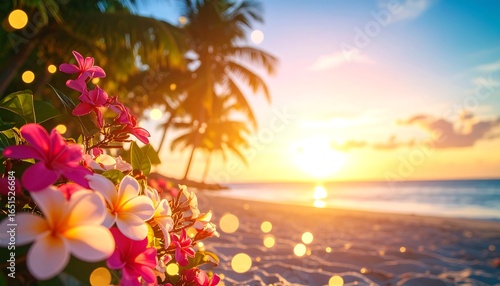 Fototapeta Naklejka Na Ścianę i Meble -  Tropical Sunset Beach Flowers. (1)