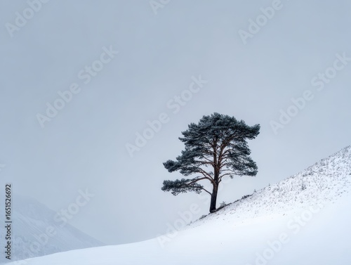 Solitary Pine Tree: Tall and Stark Against Pristine Snowy Landscape