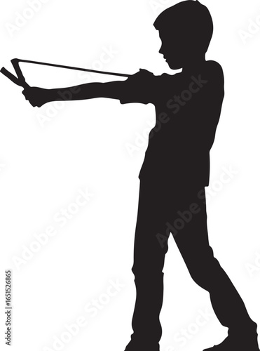 Silhouette of a boy aiming a slingshot with stretched elastic band vector