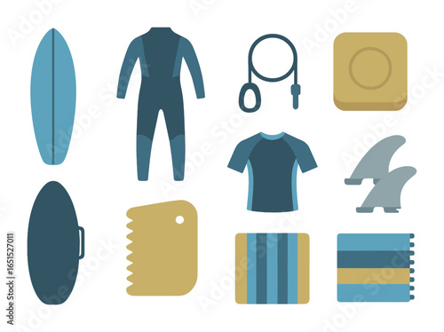 Surf Gear Icons. Flat icon set of surfing gear: surfboard, wetsuit, surf wax, leash cord, rash guard, surf