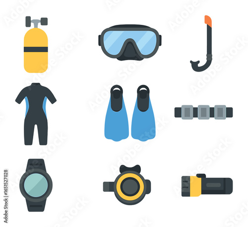 Scuba Diving Gear Icons. Flat icon set of scuba diving gear: oxygen tank, diving mask, snorkel, wetsuit,