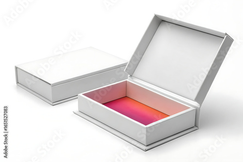 Empty rectangular cardboard packing box with removed lid and cardboard spacer insert on a white background
