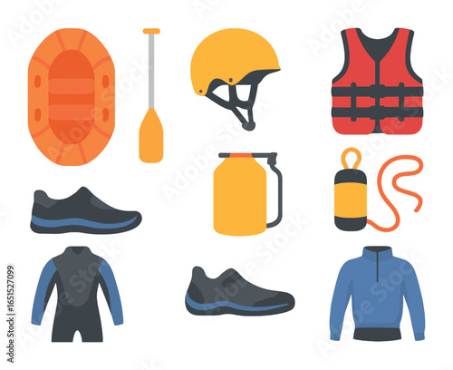 Rafting Gear Icons. Flat icon set of whitewater rafting gear: inflatable raft, paddle, helmet, PFD, river