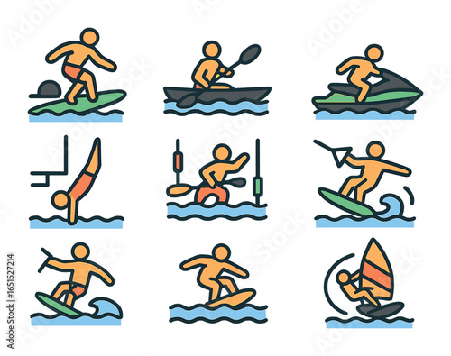 Water Sports Icon Grid. Flat icon set of water sports competition icons: surfing contest, paddle race, jet ski