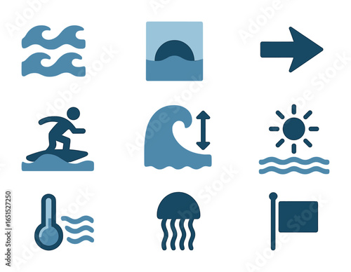 Ocean Sports Icons. Flat icon set of ocean sports conditions: swell icon, tide chart, wind arrow, surf
