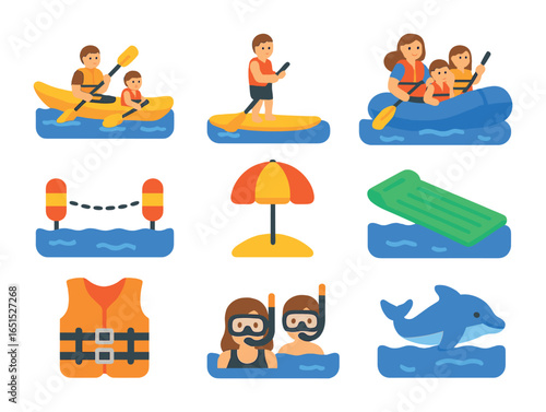 Family Water Activities Icons. Flat icon set of family water activities: tandem kayak, kids paddleboard,