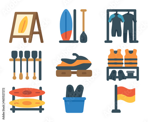 Water Sport Rentals Icons. Flat icon set of water sport rentals: surfboard rental sign, SUP rental station,
