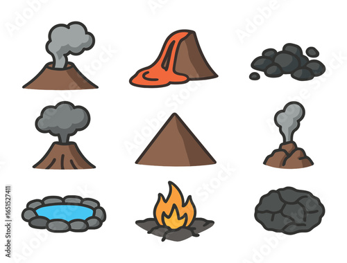 Volcanic Landscape Icons. Flat icon set of volcanic landscapes: smoking crater, lava flow, black rock field,