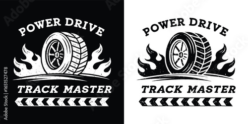 Power drive track master logo with flames and chevron pattern, representing automotive performance and victory