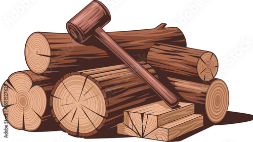 Wooden mallet resting on a pile of freshly cut logs for firewood