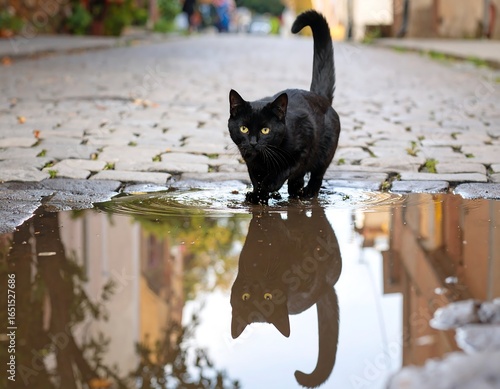 Black cat in a puddle