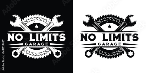 No limits garage with crossed wrenches and gear, automotive repair service, custom car build, retro mechanic style emblem