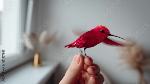 Red hummingbird on a person's finger