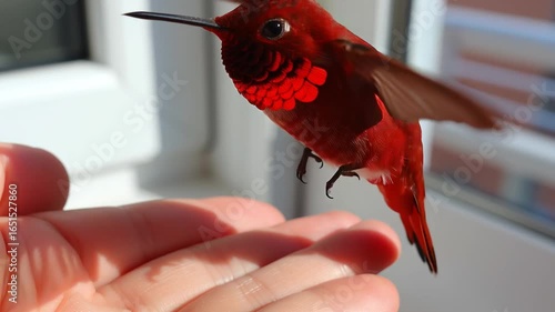 Rufous hummingbird on a human's hand