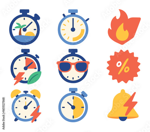 Summer Flash Sale Icons. Flat icon set of flash deal concepts for summer sales: timer with beach icon,