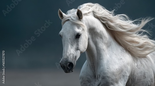 Wallpaper Mural Majestic white horse running with flowing mane against a dramatic dark background during twilight hours Torontodigital.ca