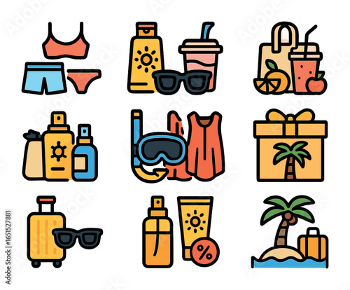 Tropical Product Icons. Flat icon set of tropical product bundles: beachwear combo pack, sunscreen +
