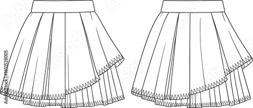 pleated asymmetrical skirt front view, cad drawing flat vector illustration, zigzag stitch hem, waistband design, fashion sketch, garment construction, clothing technical template