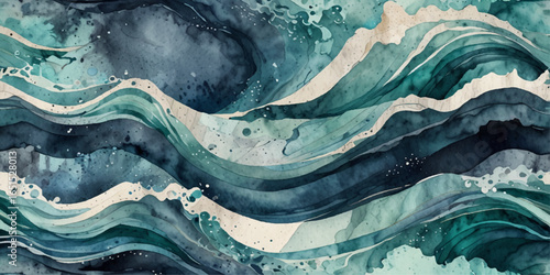 Vector watercolor ocean wave line blue and white background. Ocean sea art with natural template. Seamless soft blue ocean pattern wave water background.	