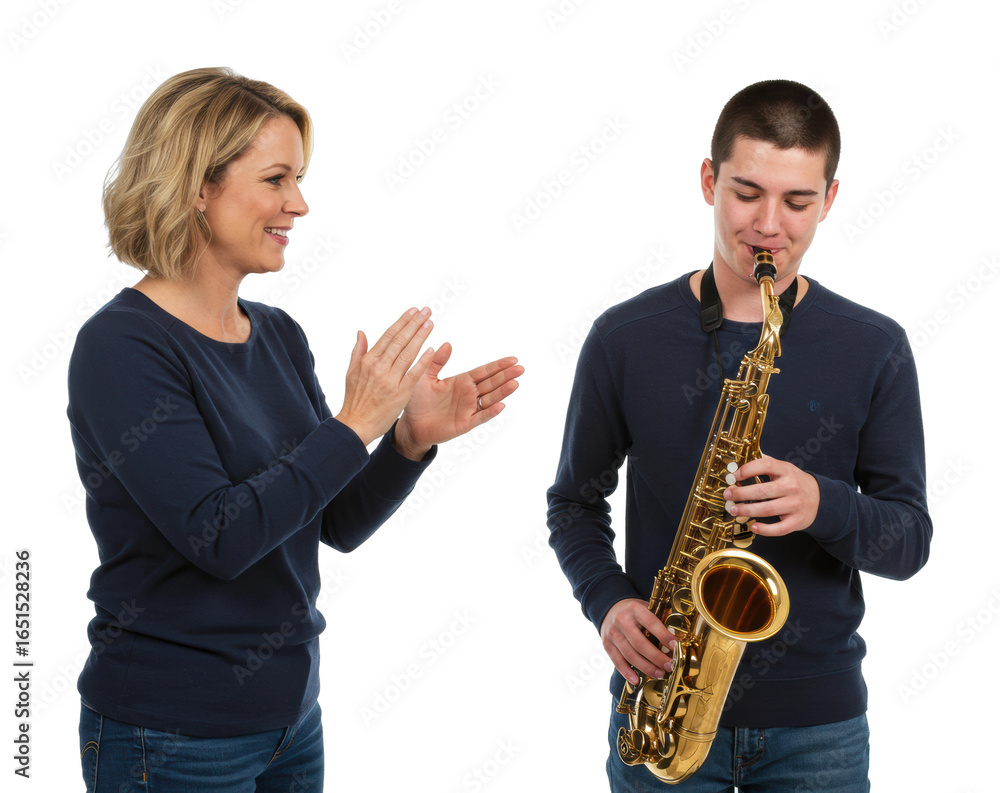 Fototapeta premium Saxophone performance by a young musician studio setting emotional connection applauding audience isolated on transparent background