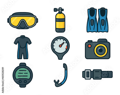 Scuba Gear Icons. Flat icon set of scuba diving gear: diving mask, oxygen tank, flippers, wetsuit, depth gauge