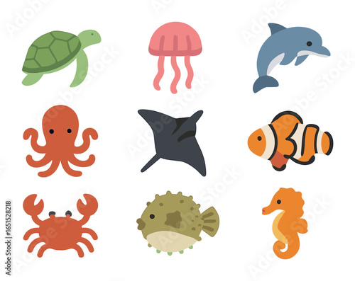 Marine Life Icons. Flat icon set of marine life: sea turtle, jellyfish, dolphin, octopus, manta ray, clownfish