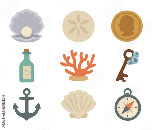 Sea Floor Treasures. Flat icon set of sea floor treasures: pearl shell, sand dollar, ancient coin, glass