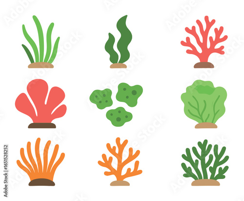 Tropical Marine Icons. Flat icon set of tropical underwater plants: seagrass, kelp blade, soft coral, sponge