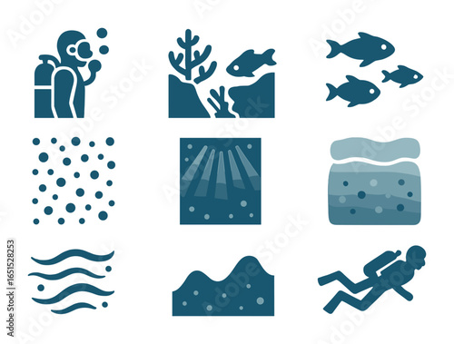 Underwater Adventure Icons. Flat icon set of underwater adventure icons: diver bubbles, reef wall, swimming