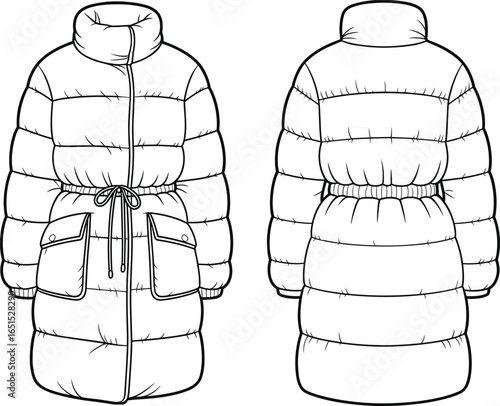 puffer coat front and back view, cad drawing flat vector illustration, high collar, flap pockets, drawstring waist, cold weather outerwear, garment design template
