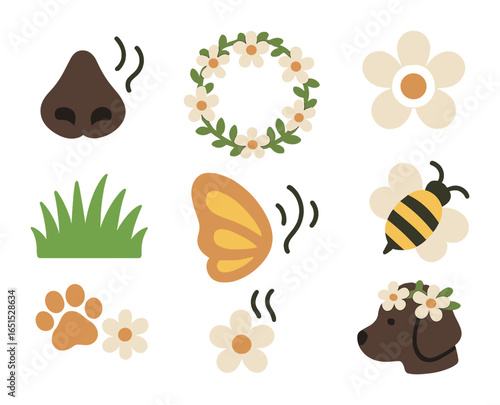 Pet and Floral Icons. Flat icon set of pets and flowers: sniffing nose, floral wreath, daisy paw, grassy field