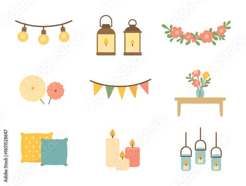 Garden Party Icons. Flat icon set of garden party decor: string lights, lanterns, floral garland, paper fans,