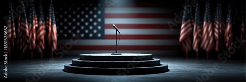 Podium for a speech in front of a large American flag and multiple smaller flags in a dark venue