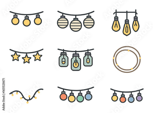 String Lights Icon Set. Flat icon set of string light styles: bulb chain, paper lanterns, Edison bulbs, globe