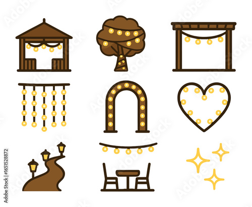 Romantic Lights Icon Set. Flat icon set of romantic string light scenes: gazebo with lights, tree wrapped