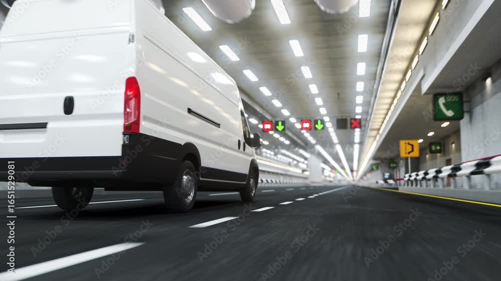 Delivery van moving inside of tunnel. Looped seamless 3d video animation Delivery van moving inside of tunnel. Looped seamless 3d video animation