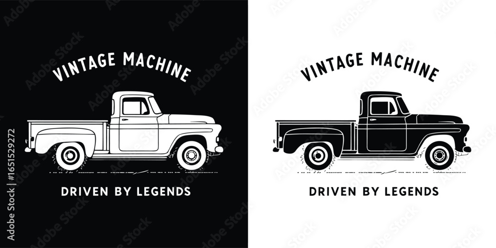 Obraz premium Black and white illustration of a vintage pickup truck, representing a vintage machine driven by legends