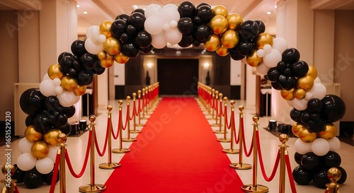 Elegant red carpet entrance with a festive black, white, and gold balloon arch for a glamorous celebration.