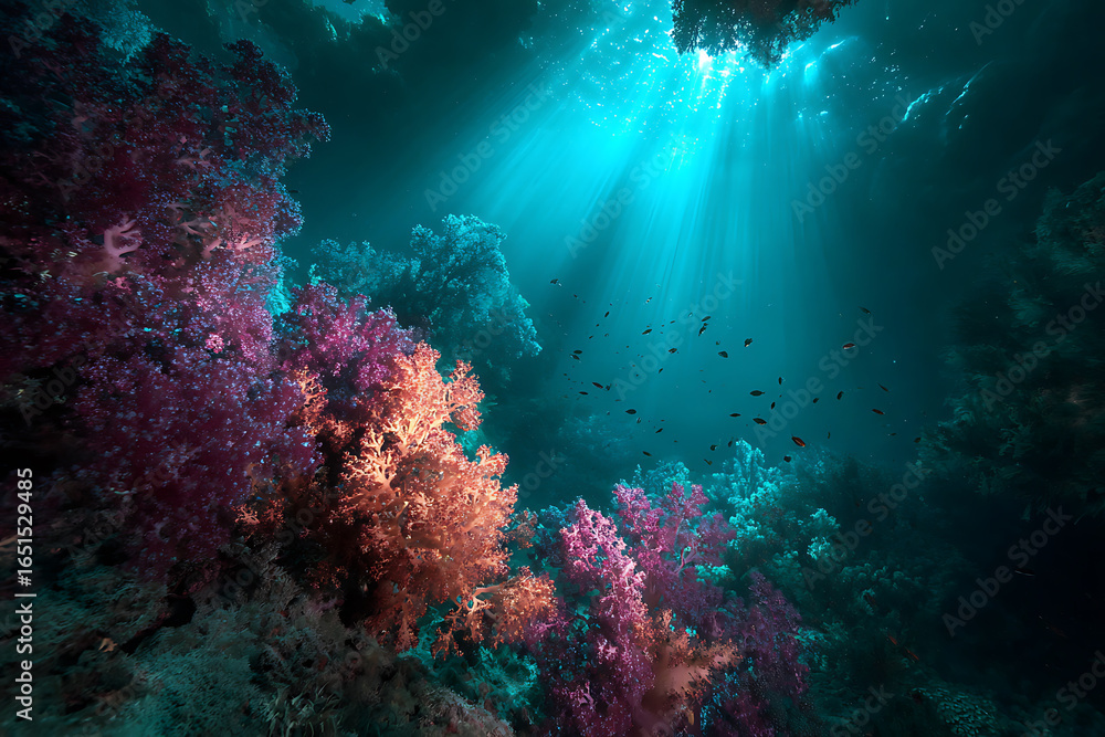 Fototapeta premium Underwater coral reef scene with sunlight and fish, ocean life and marine ecosystem photography is amazing