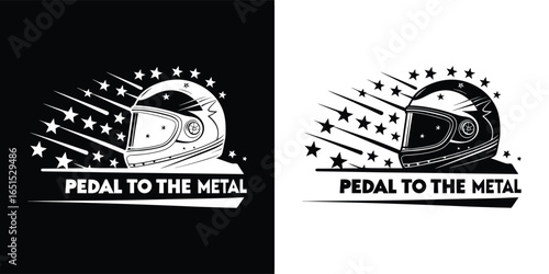 Pedal to the metal helmet graphic design, motorcycle rider racing speed for tshirt print, isolated on white background