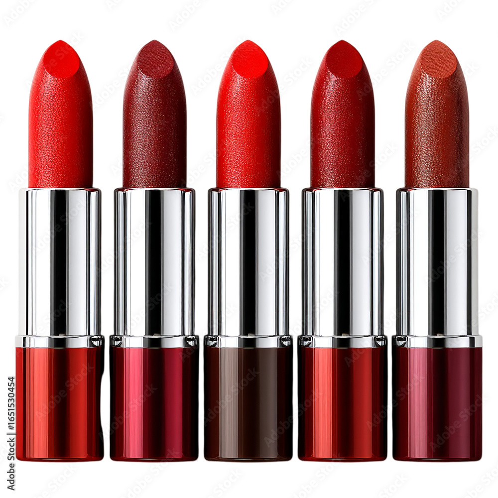 Obraz premium Selection of red lipsticks beauty products makeup cosmetics for women style isolated on transprint background