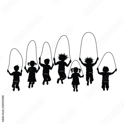 Vector art of silhouettes of children jumping rope together isolated on white background