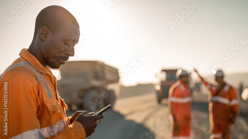 South African miner using his phone at the mine site, other workers in the background