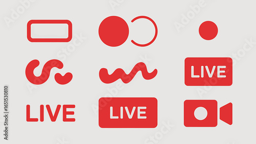 Various Live Stream and Recording Icons in Red Color Tones for Social Media Platforms and App Designs Isolated on Light Background