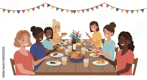 Diverse women gather around a festive table, enjoying food and drinks under colorful bunting, celebrating a joyful occasion.