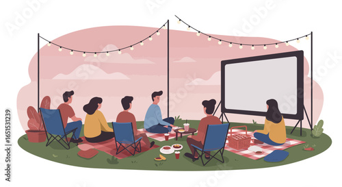 Friends enjoying an outdoor movie night on a grassy lawn with snacks and string lights.